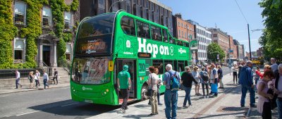 Little Museum bus stop DoDublin Bus at St. Stephen's Green passengers are getting on the bus